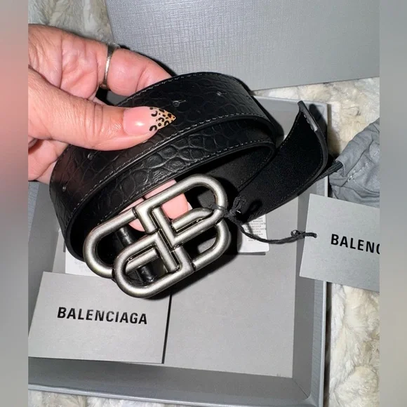 Balenciaga BB Logo Black Leather Belt silver buckle - Picture 7 of 8